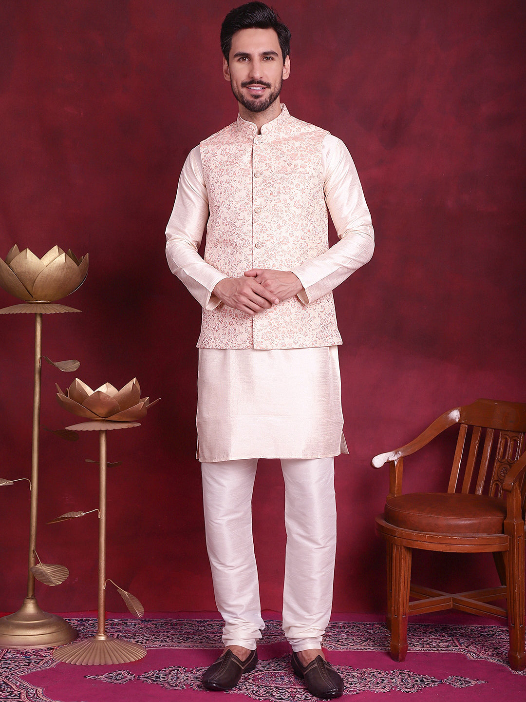 Pink Woven Design Nehru Jacket | Nehru Jackets for Weddings
