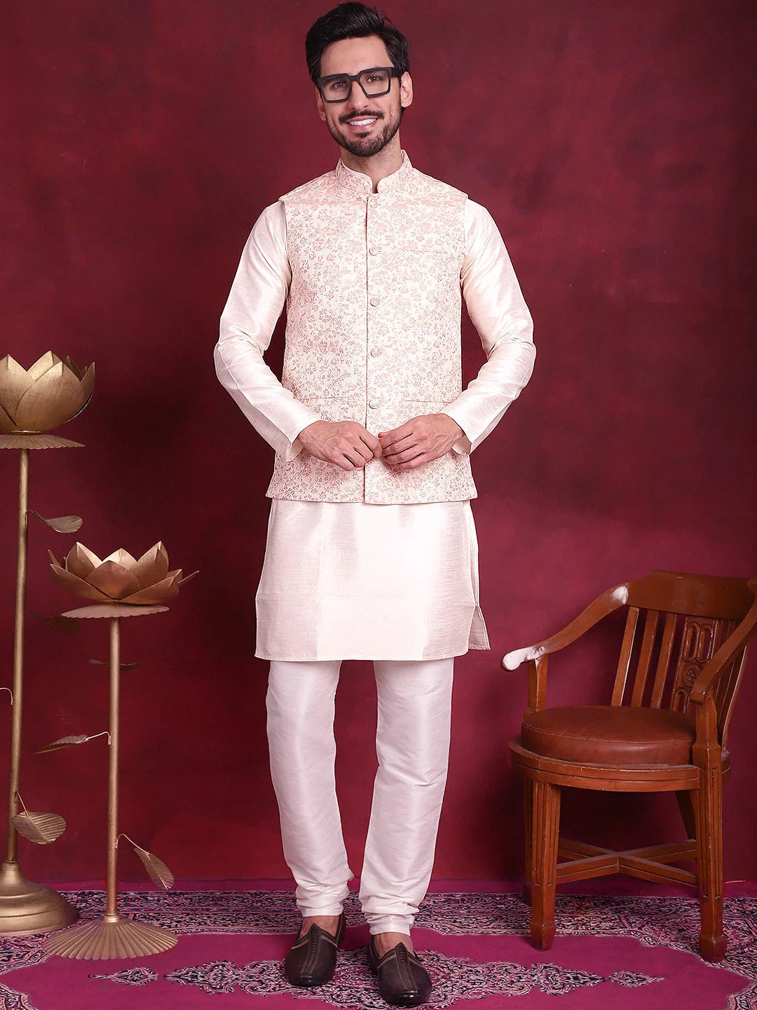 Pink Woven Design Nehru Jacket | Nehru Jackets for Weddings