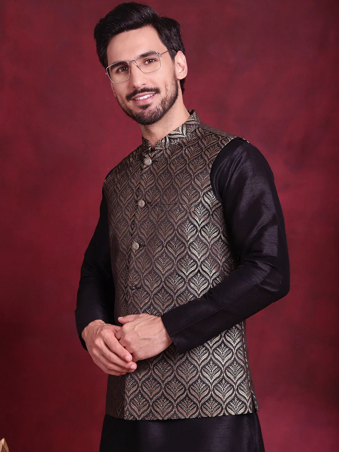 Golden Woven Design Nehru Jacket | Nehru Jacket with Kurta