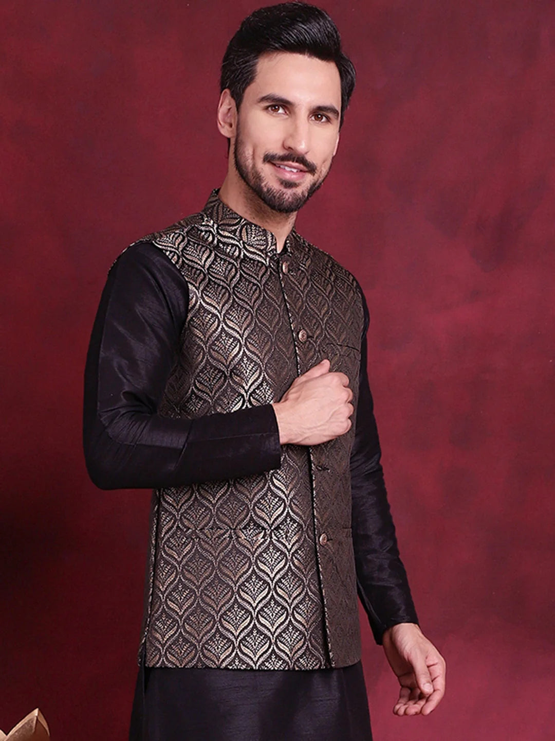 Golden Woven Design Nehru Jacket | Nehru Jacket with Kurta
