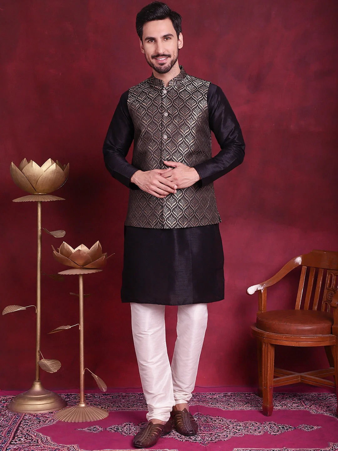 Golden Woven Design Nehru Jacket | Nehru Jacket with Kurta