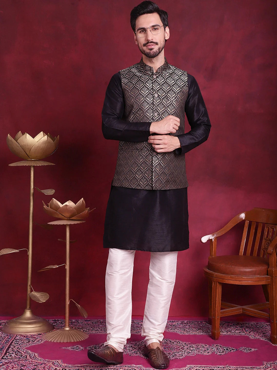Golden Woven Design Nehru Jacket | Nehru Jacket with Kurta