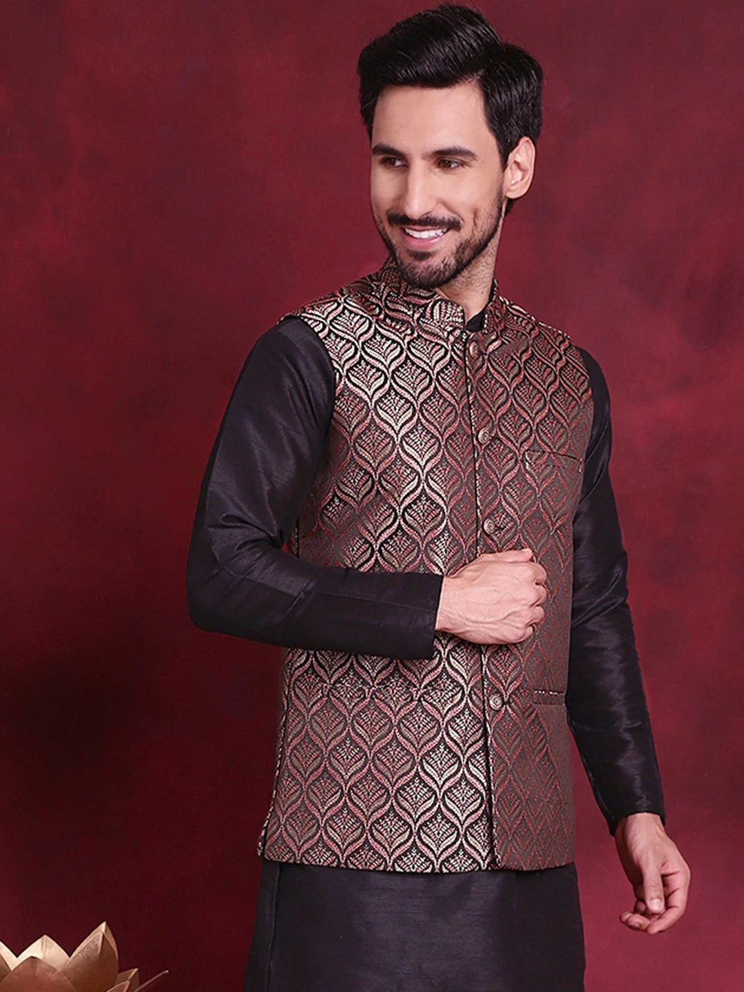 Amazing Maroon Woven Design Nehru Jacket | Men's Ethnic Wear