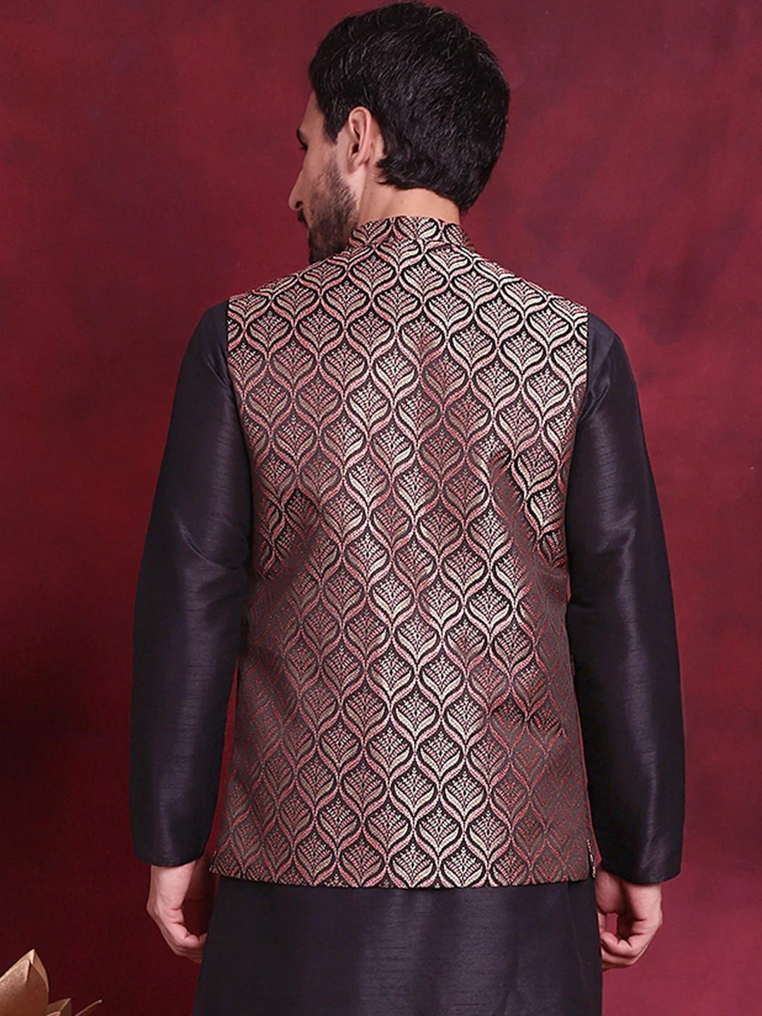 Amazing Maroon Woven Design Nehru Jacket | Men's Ethnic Wear