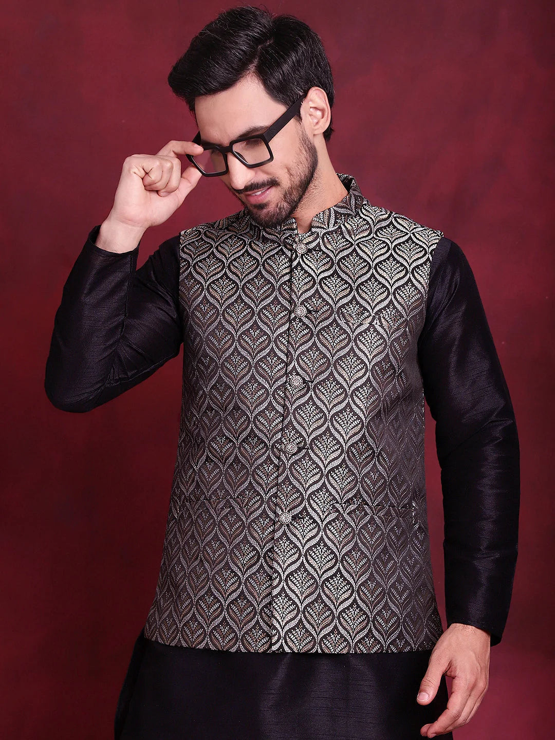 Silver Woven Design Nehru Jacket | Indian Nehru Jackets