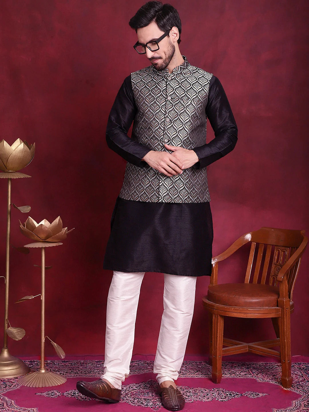 Silver Woven Design Nehru Jacket | Indian Nehru Jackets