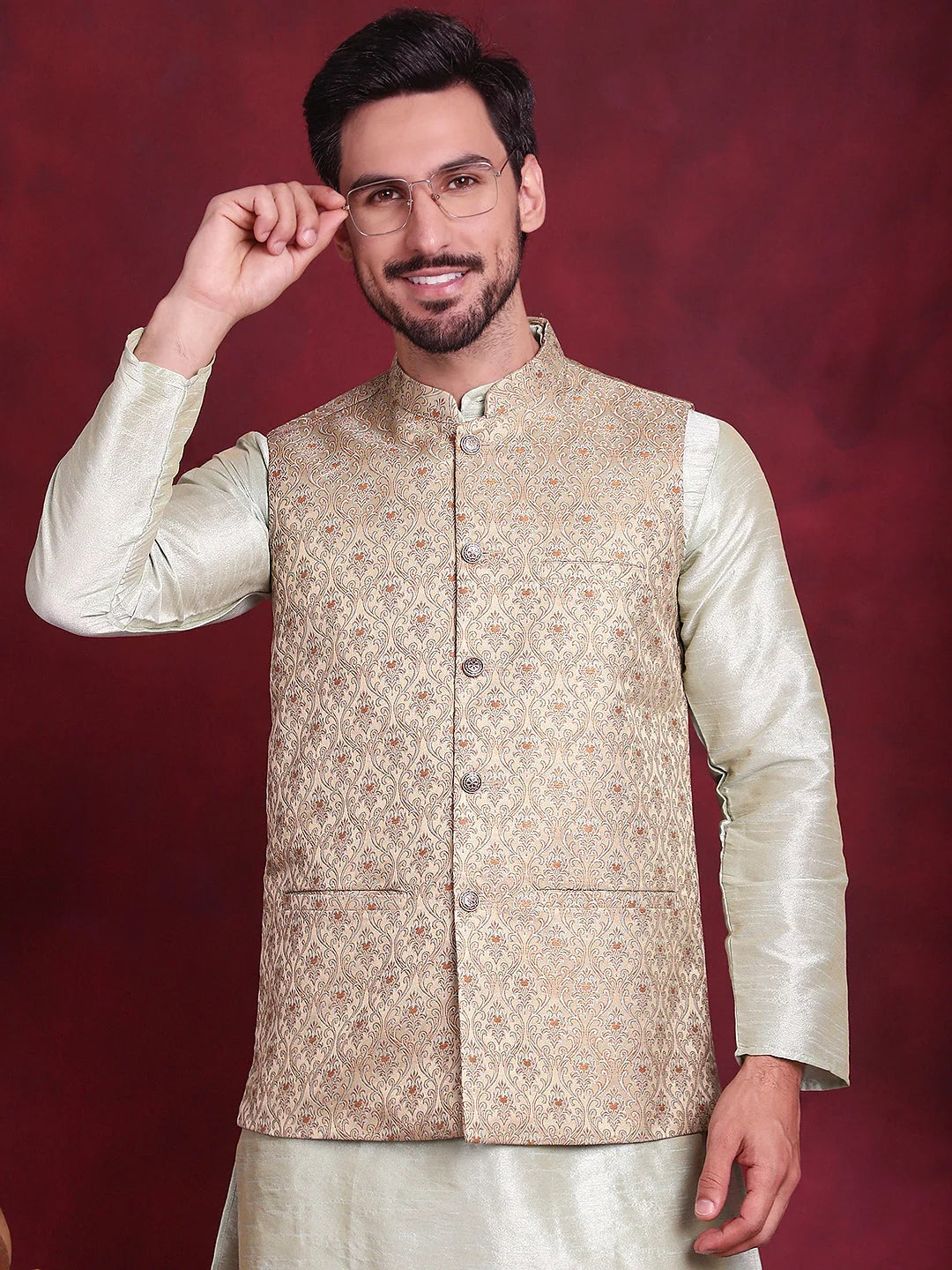 Golden Cotton Nehru Jacket | Indian Nehru Jackets for Weddings