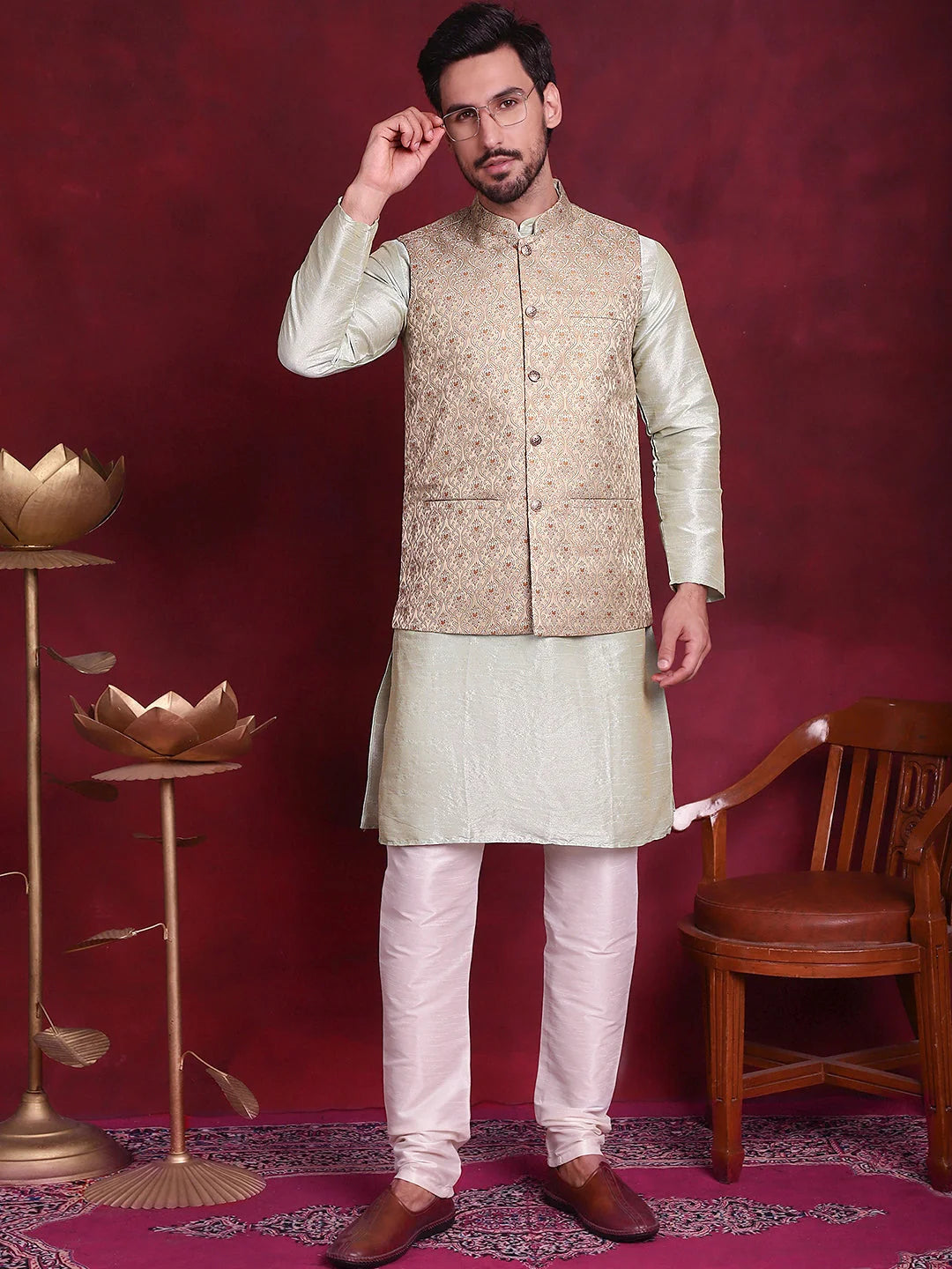 Golden Cotton Nehru Jacket | Indian Nehru Jackets for Weddings