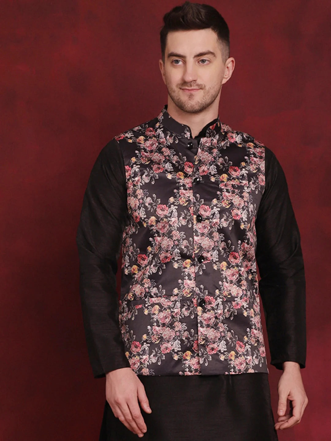 Black Floral Printed Nehru Jacket | Nehru Jackets for Weddings