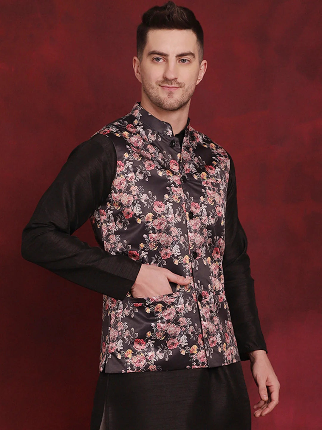 Black Floral Printed Nehru Jacket | Nehru Jackets for Weddings