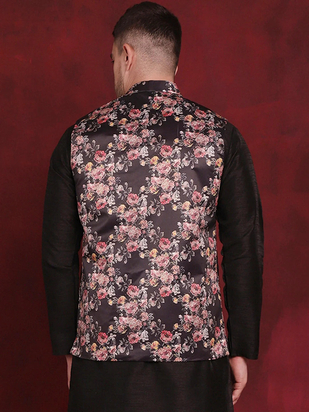 Black Floral Printed Nehru Jacket | Nehru Jackets for Weddings