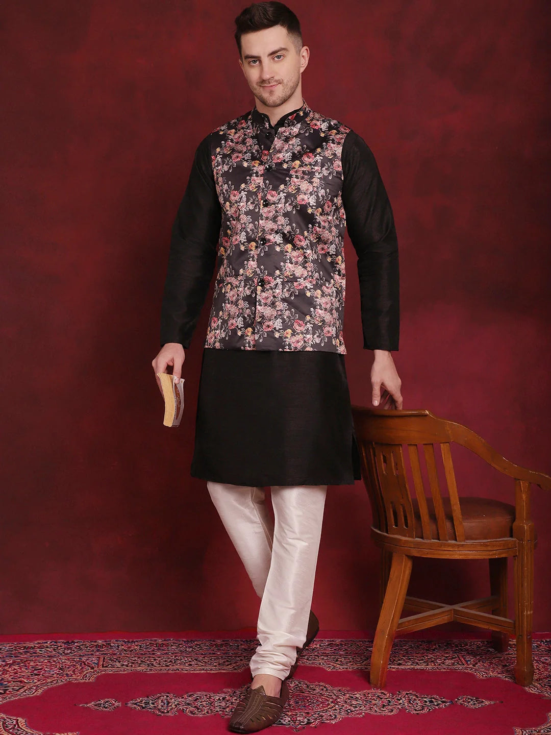 Black Floral Printed Nehru Jacket | Nehru Jackets for Weddings