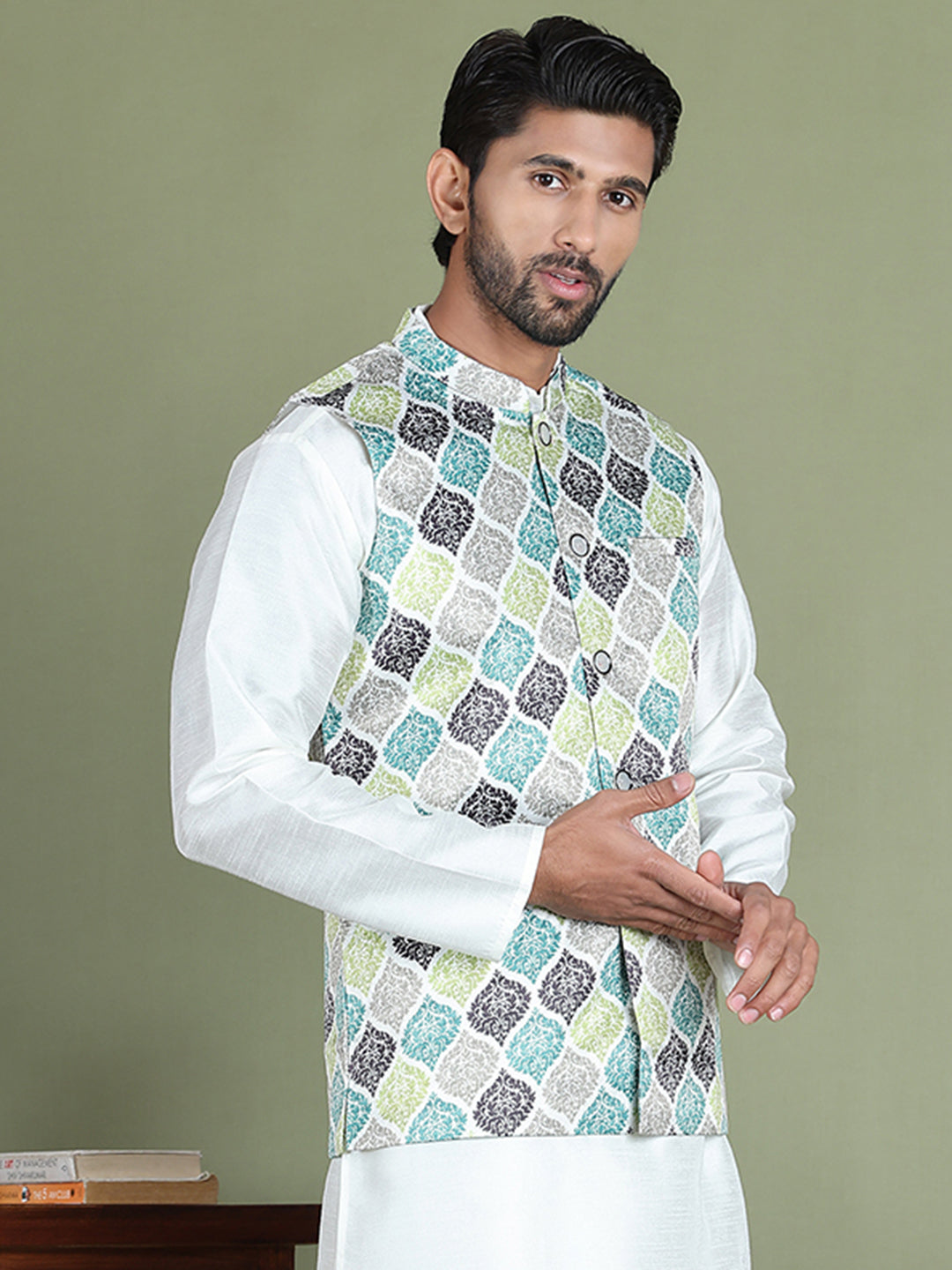 DesiQlo Men Printed Men Waistcoat Nehru Jacket - Green