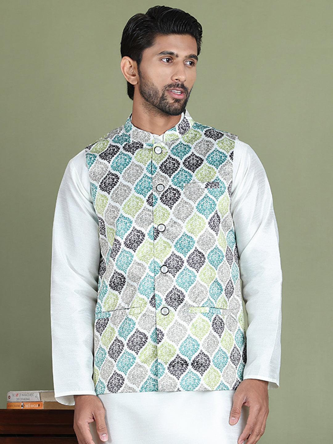 DesiQlo Men Printed Men Waistcoat Nehru Jacket - Green