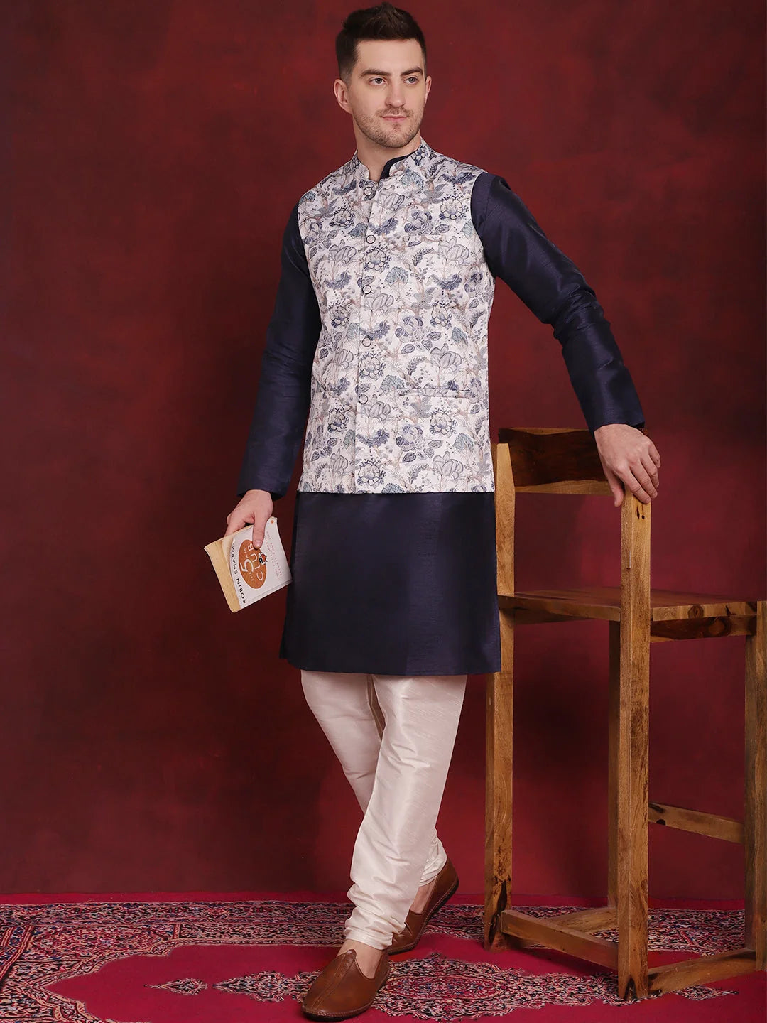 White Floral Printed Nehru Jacket | Men's Ethnic Wear