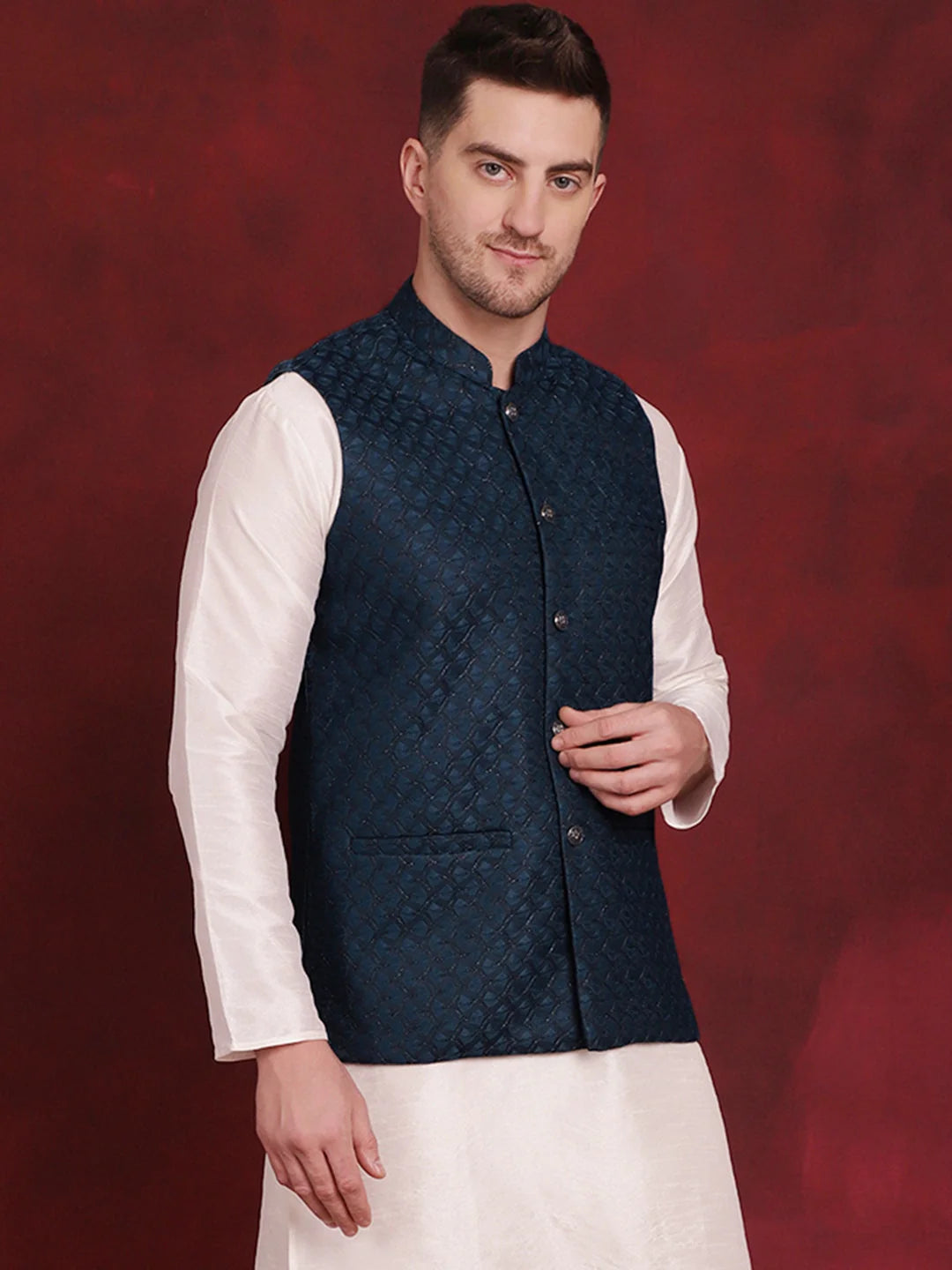 Blue Woven Design Nehru Jacket | Indian Nehru Jackets