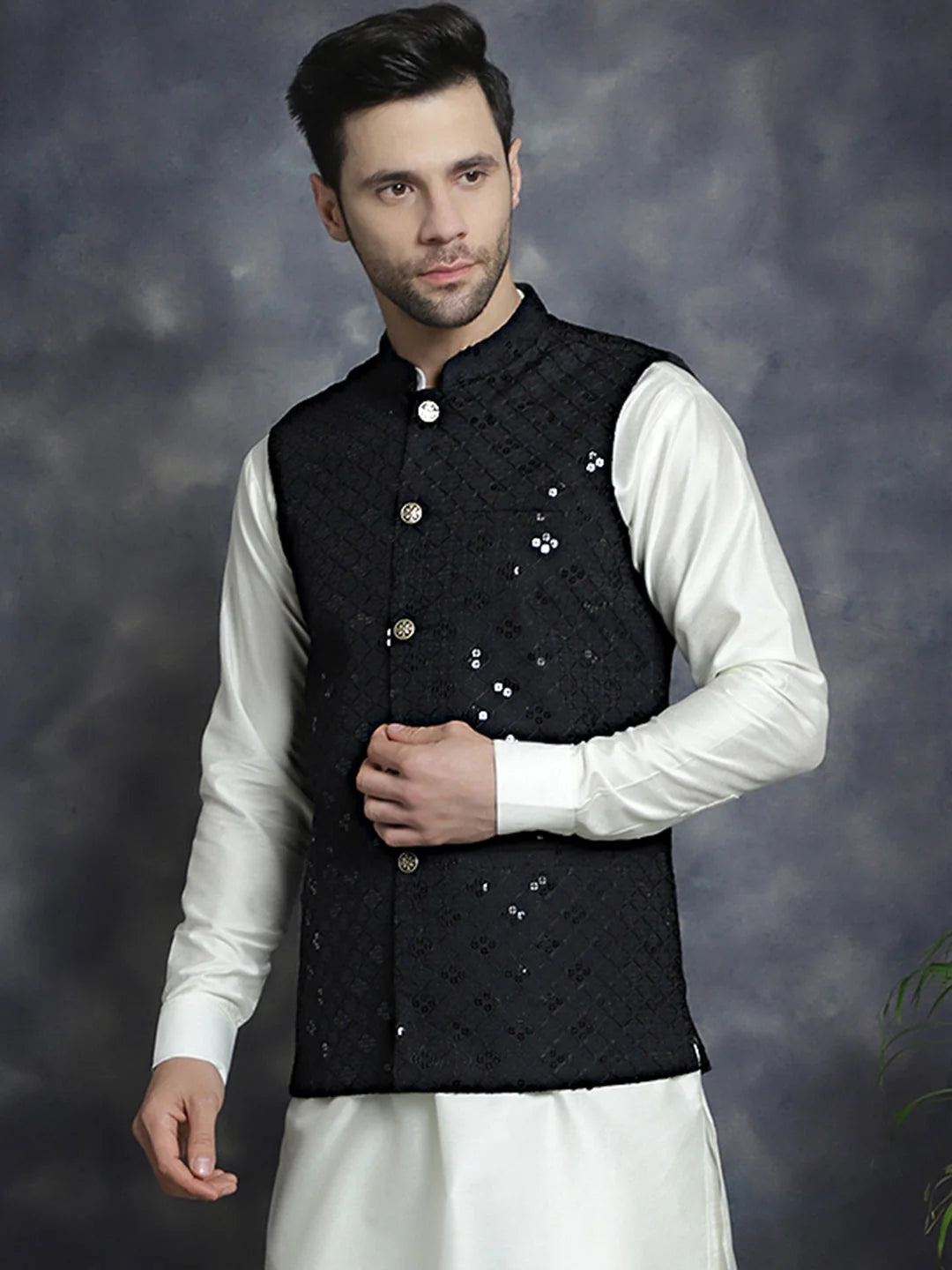 Black Embroidered Nehru Jacket - Modi Jacket for Men