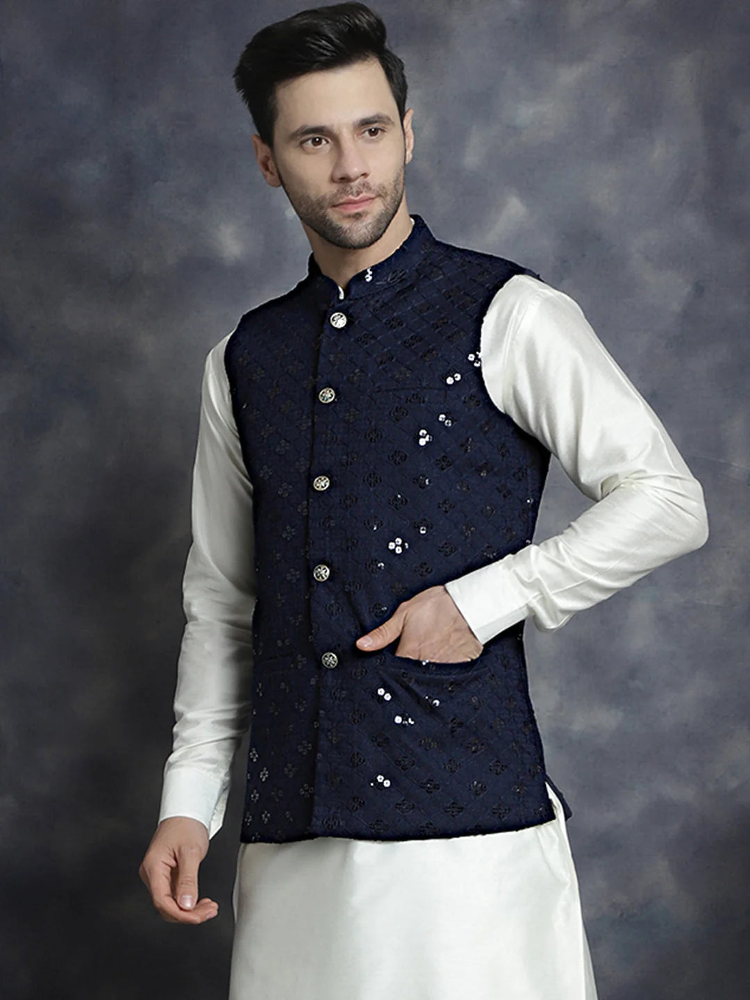 Navy Embroidered Nehru Jacket - Men's Ethnic Nehru Jackets