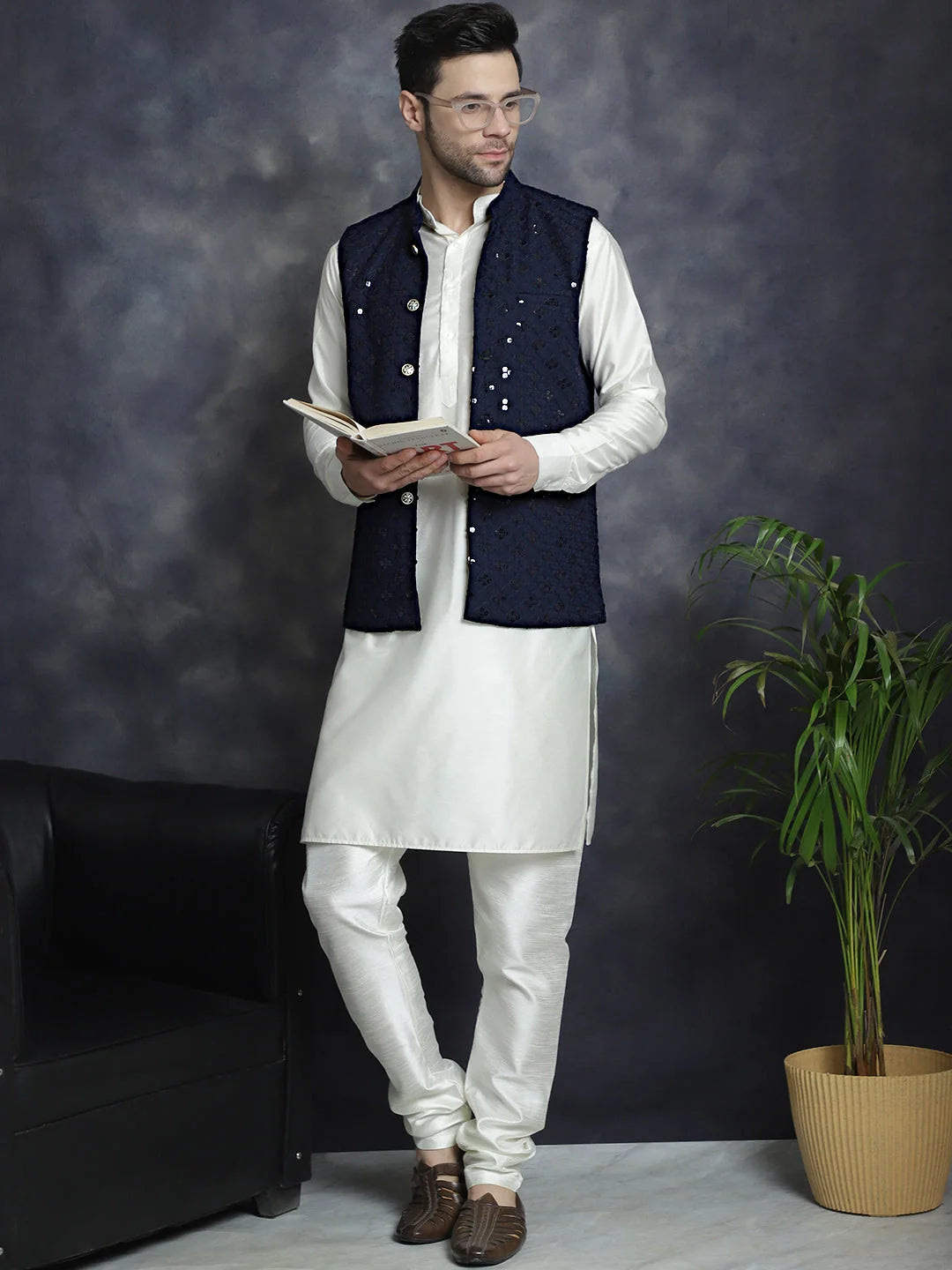 Navy Embroidered Nehru Jacket - Men's Ethnic Nehru Jackets