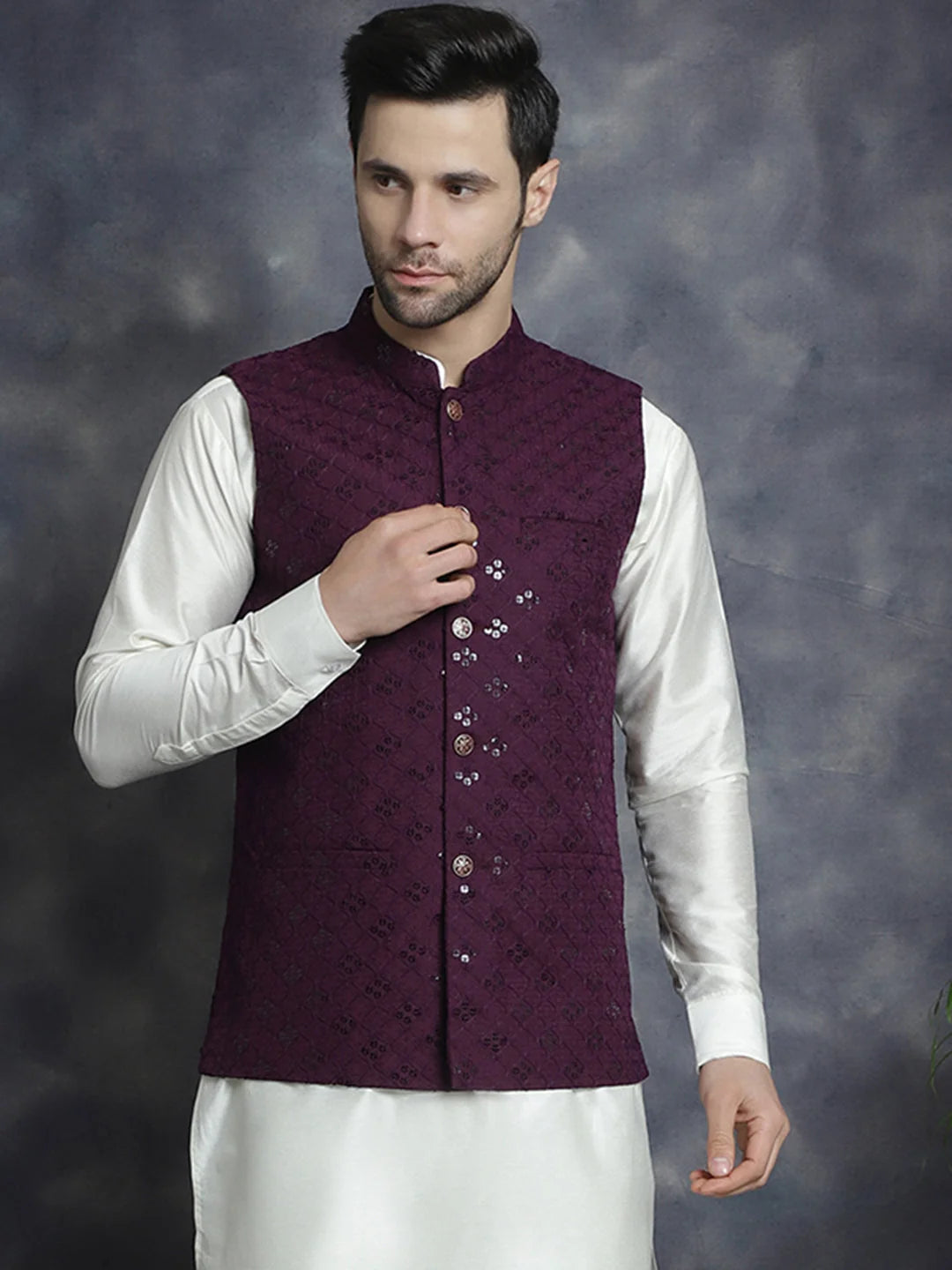 Purple Embroidered Nehru Jacket - Nehru Jackets for Wedding Style