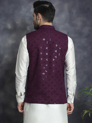 Men's embroidered and sequins Nehru Jacket ( JOWC 4093Purple )
