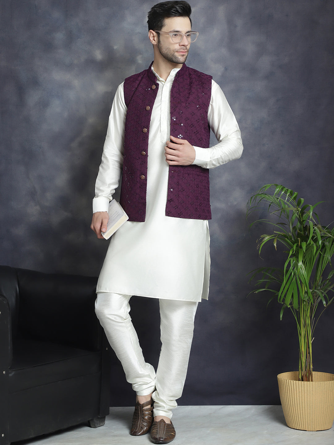 Purple Embroidered Nehru Jacket - Nehru Jackets for Wedding Style
