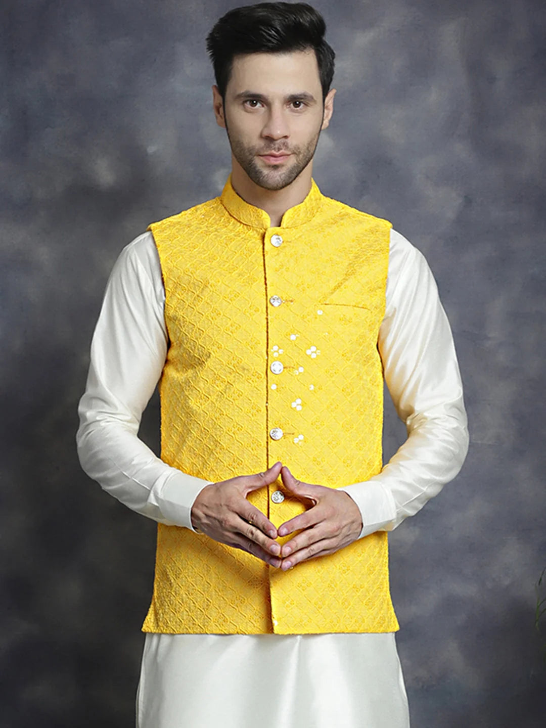 Yellow Embroidered Nehru Jacket - Indian Nehru Jackets for Wed...