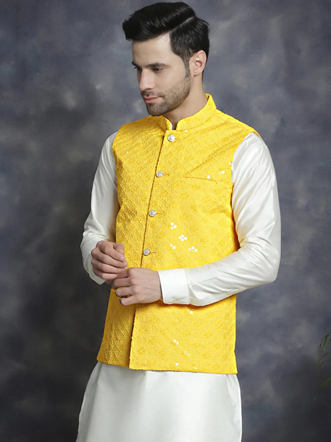 Yellow Embroidered Nehru Jacket - Indian Nehru Jackets for Wed...