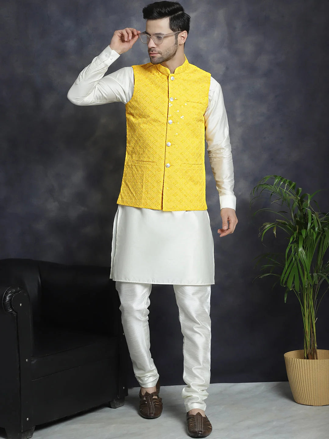 Yellow Embroidered Nehru Jacket - Indian Nehru Jackets for Wed...