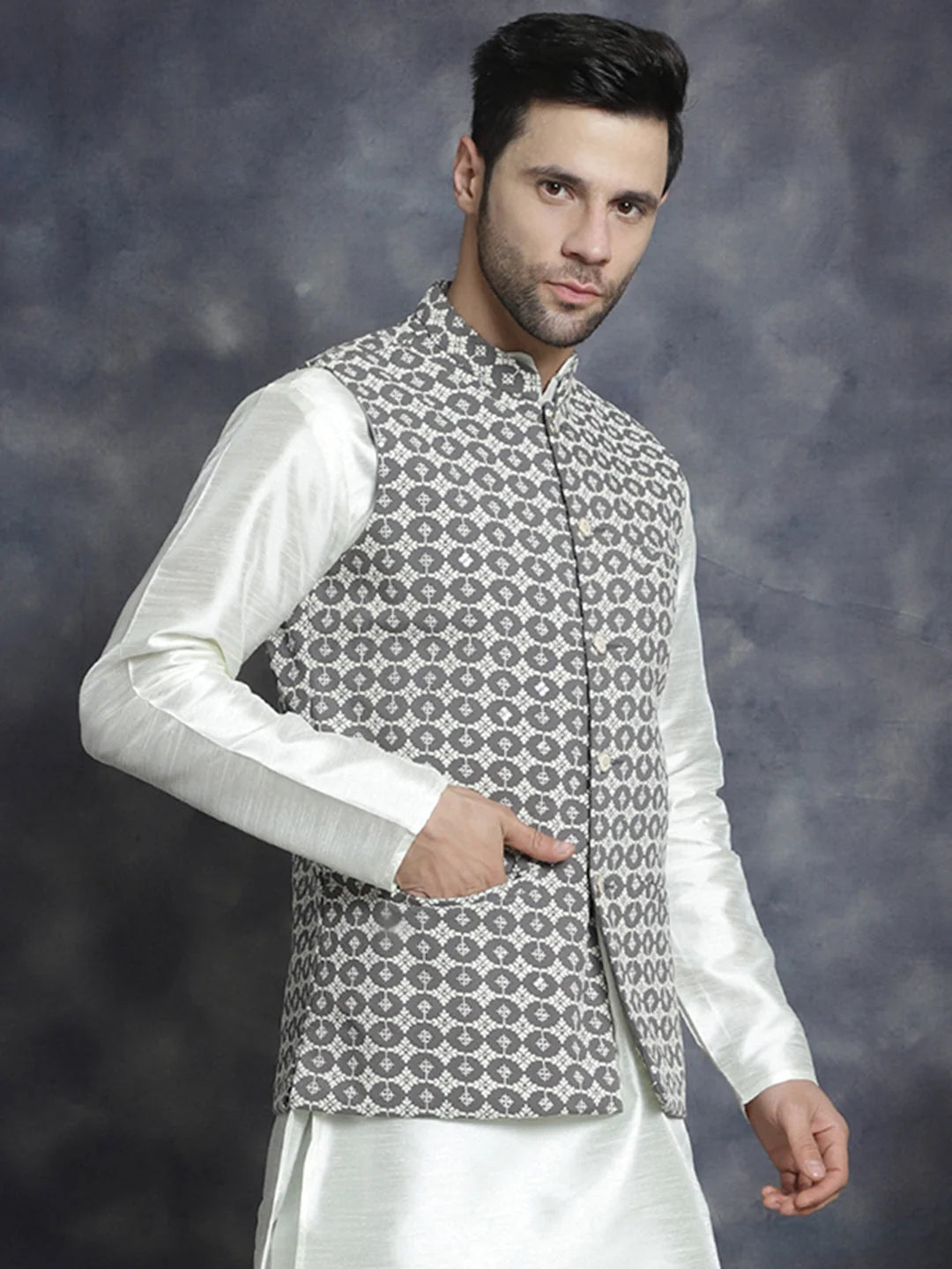 Grey Embroidered Nehru Jacket - Men's Ethnic Wear | Wedding Ready