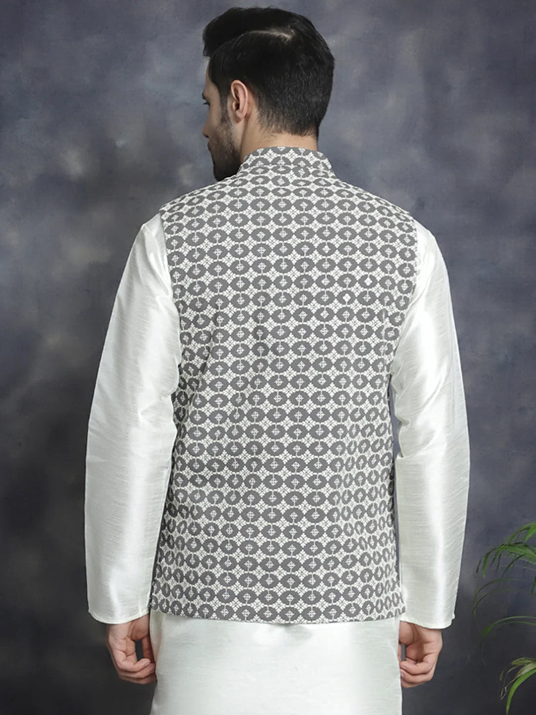 Grey Embroidered Nehru Jacket - Men's Ethnic Wear | Wedding Ready