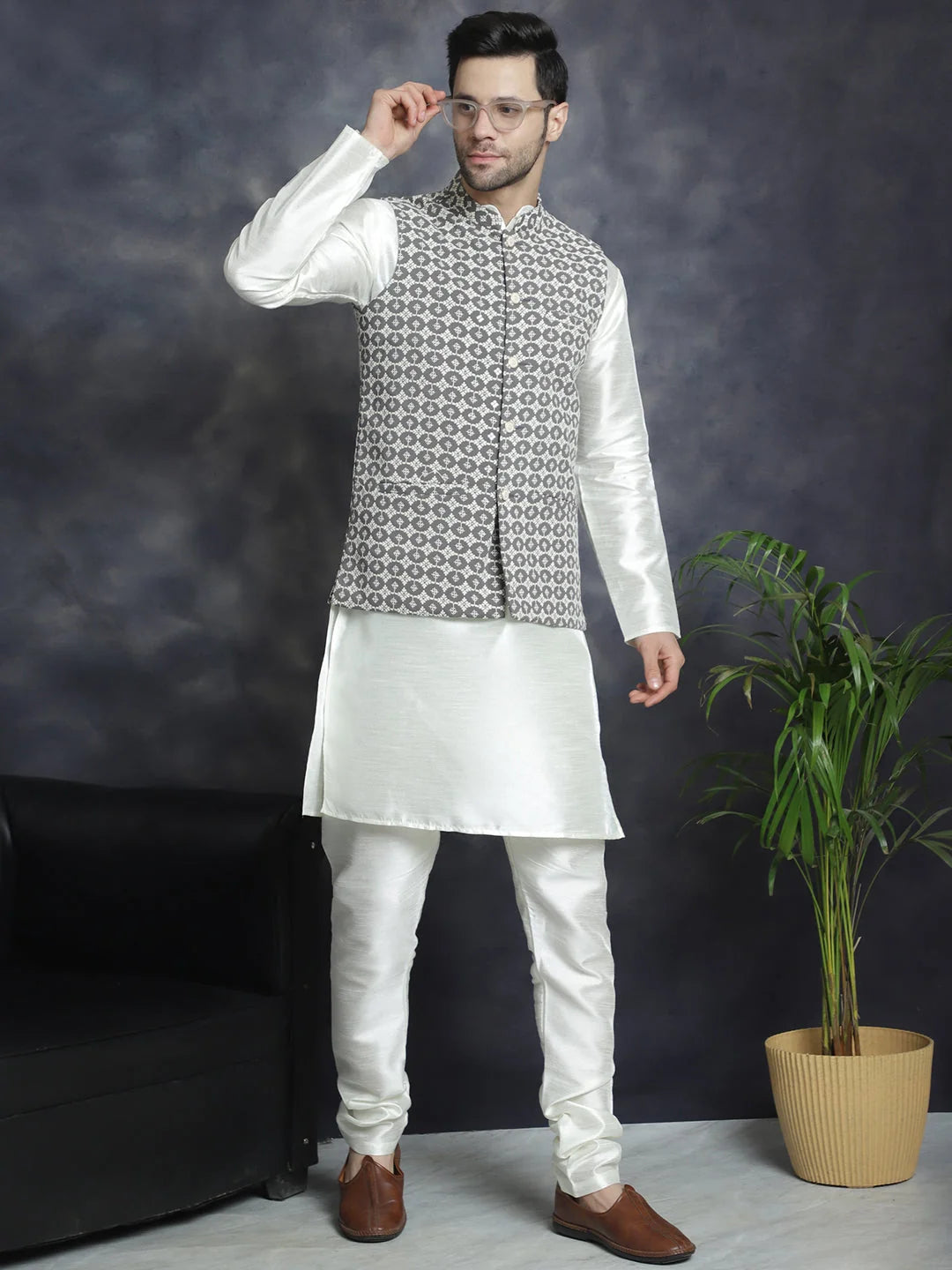 Grey Embroidered Nehru Jacket - Men's Ethnic Wear | Wedding Ready