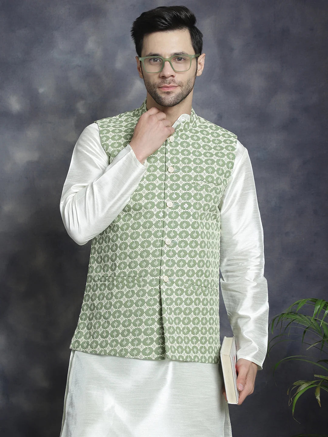 Mehndi Embroidered Nehru Jacket - Nehru Jackets for Weddings