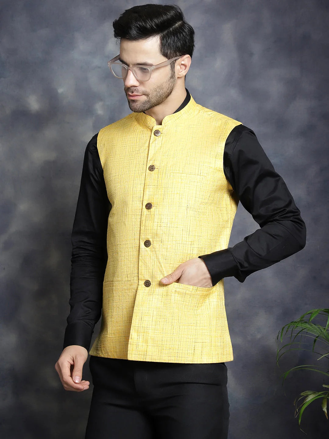 Yellow Cotton Nehru Jacket - Men's Ethnic Wear | Modi Jacket
