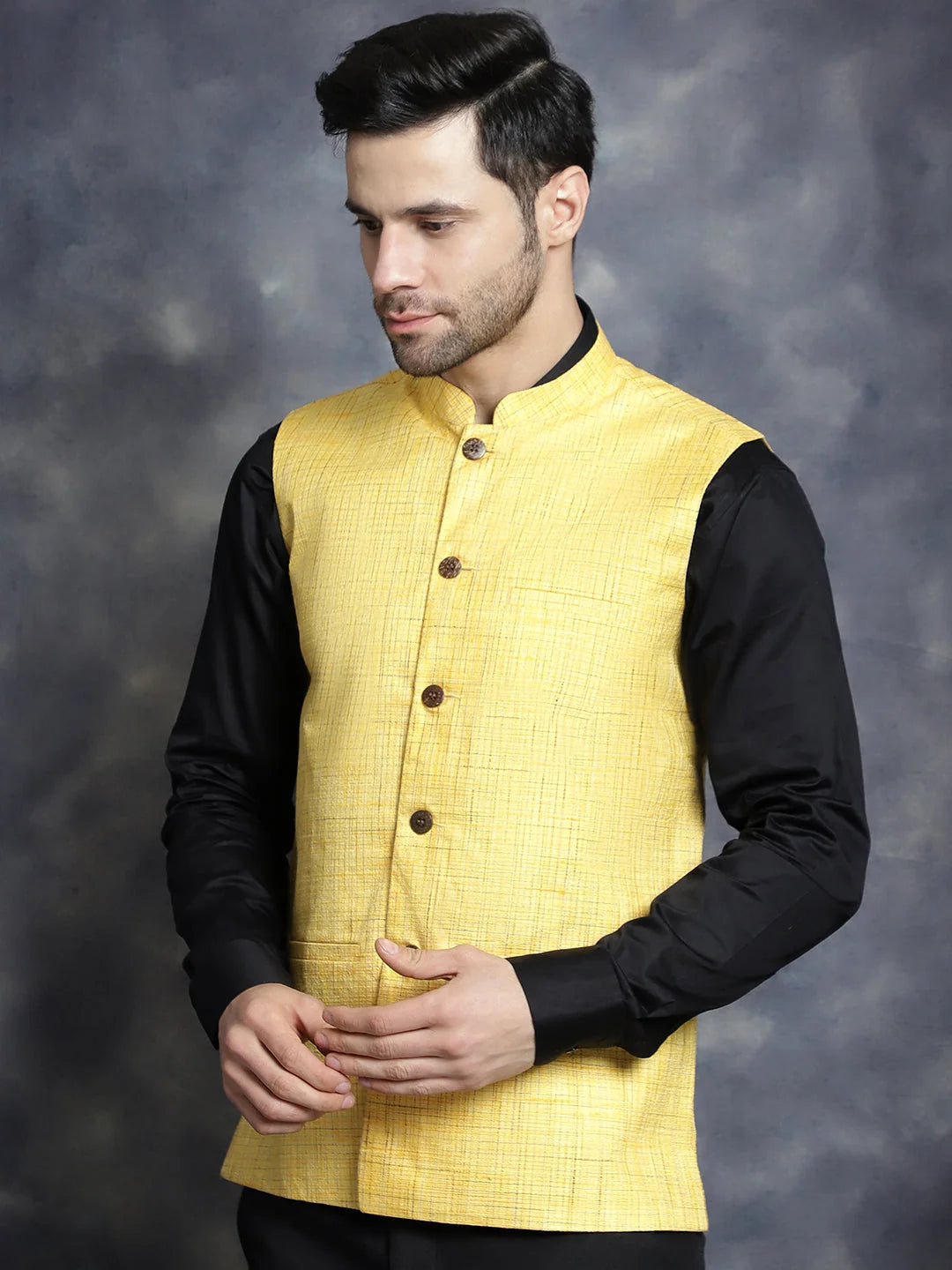 Yellow Cotton Nehru Jacket - Men's Ethnic Wear | Modi Jacket