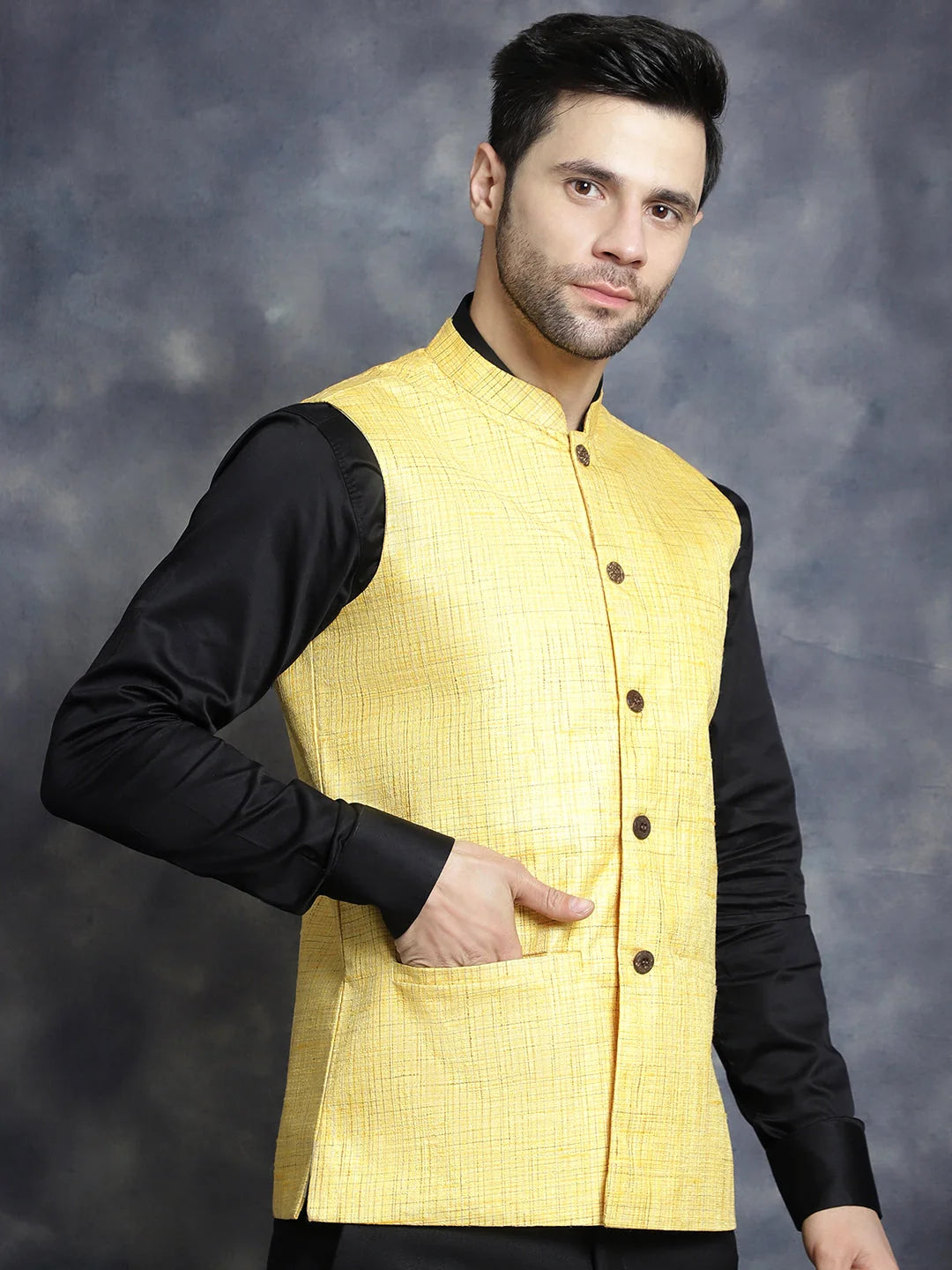 Yellow Cotton Nehru Jacket - Men's Ethnic Wear | Modi Jacket