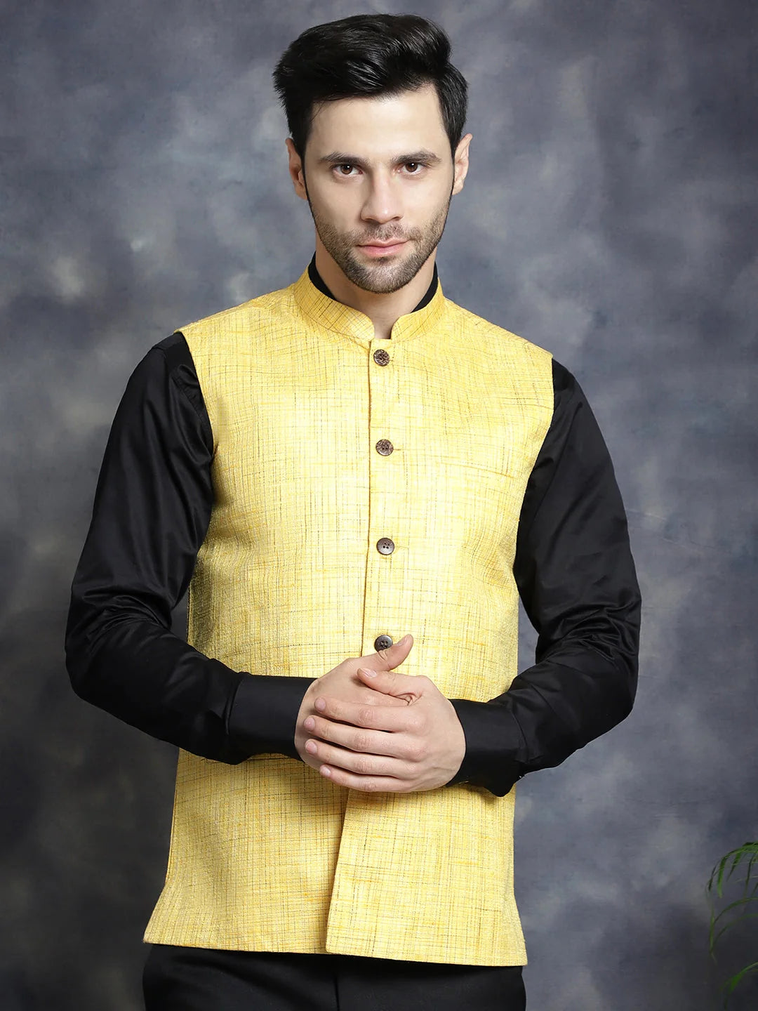 Yellow Cotton Nehru Jacket - Men's Ethnic Wear | Modi Jacket