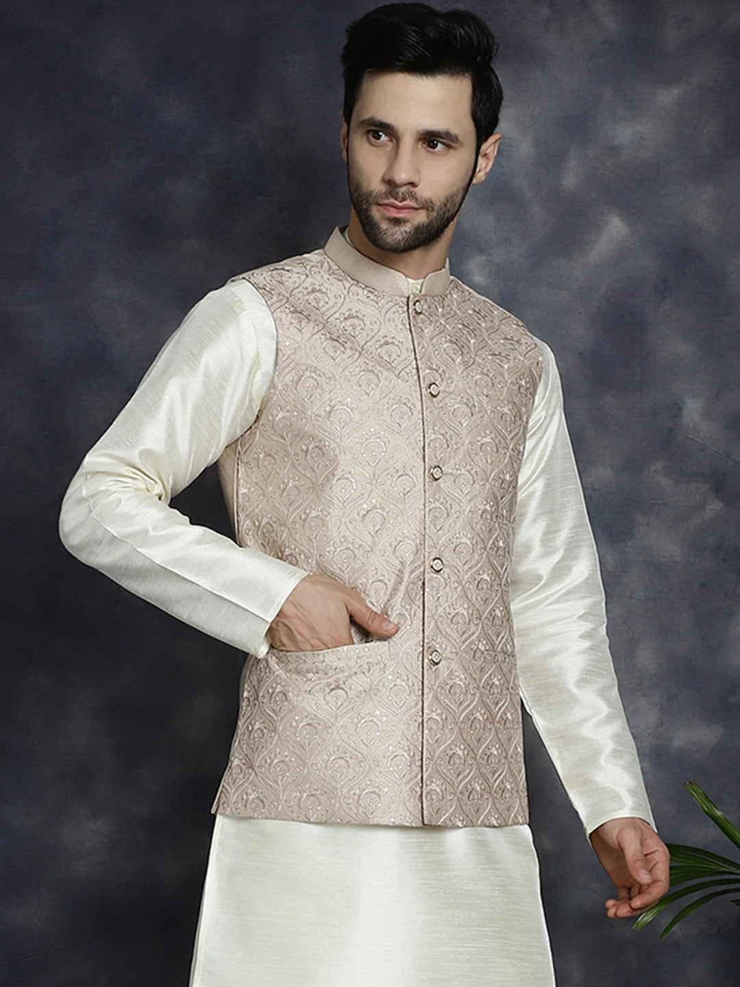 Peach Sequin Nehru Jacket - Men's Ethnic Wear | Modi Jacket
