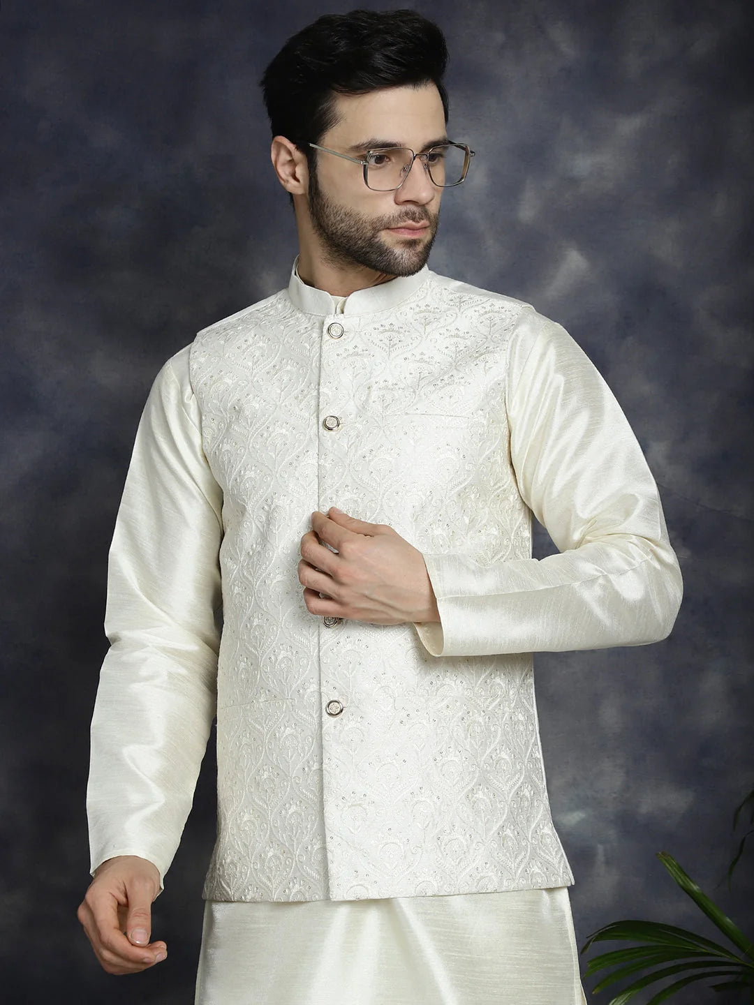 White Embroidered Nehru Jacket - Nehru Jacket Wedding | Cotton
