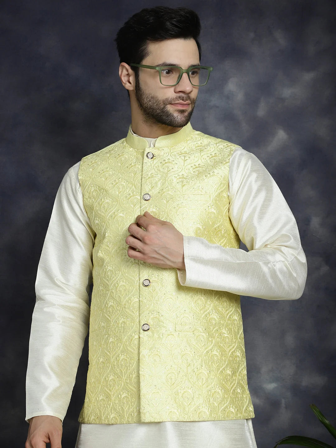Yellow Sequin Nehru Jacket - Indian Nehru Jackets | Modi Jacket