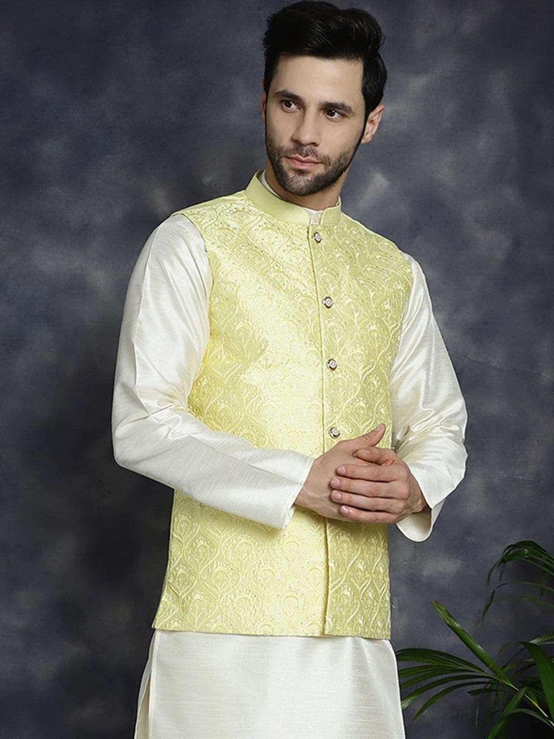 Yellow Sequin Nehru Jacket - Indian Nehru Jackets | Modi Jacket