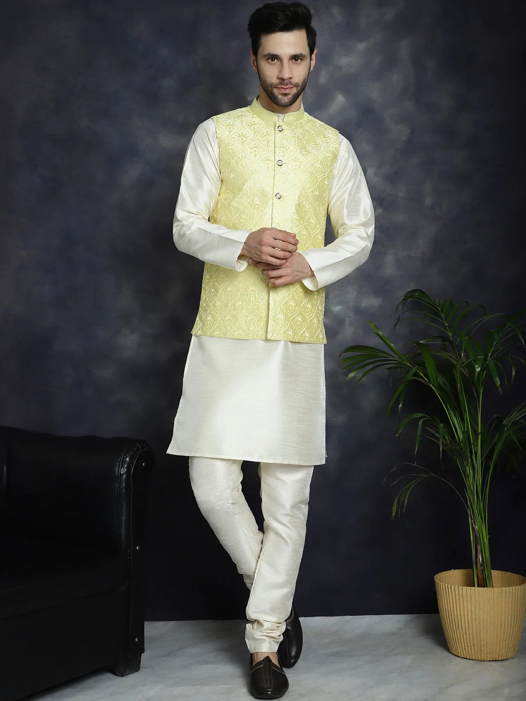 Yellow Sequin Nehru Jacket - Indian Nehru Jackets | Modi Jacket