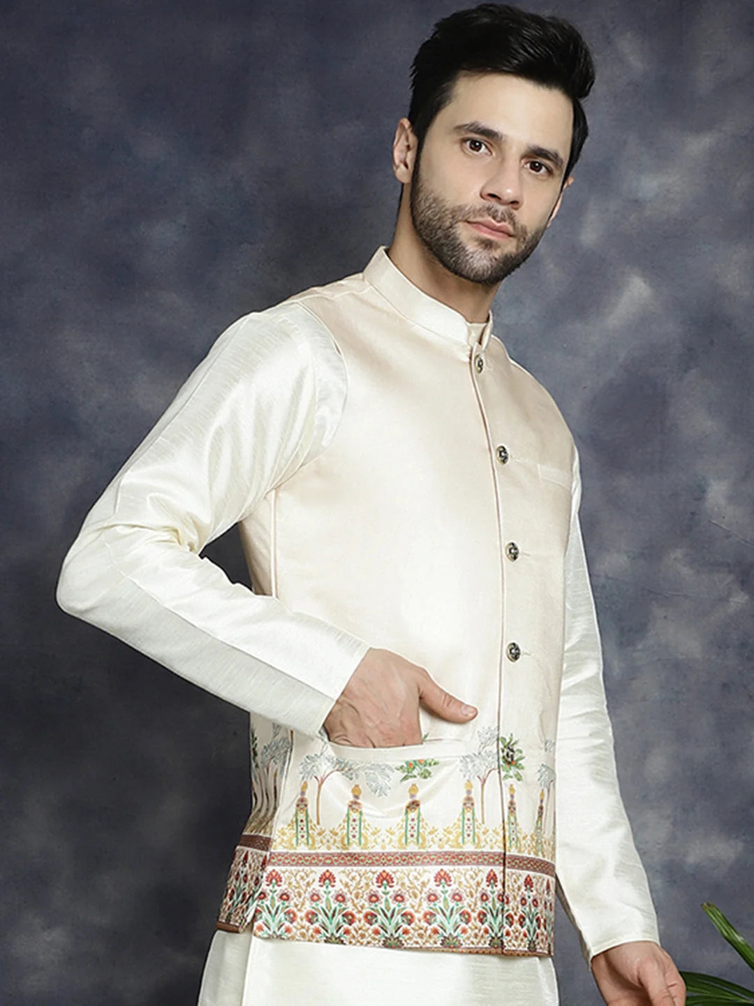 Golden Cotton Nehru Jacket for Men | Modi Jacket for Weddings