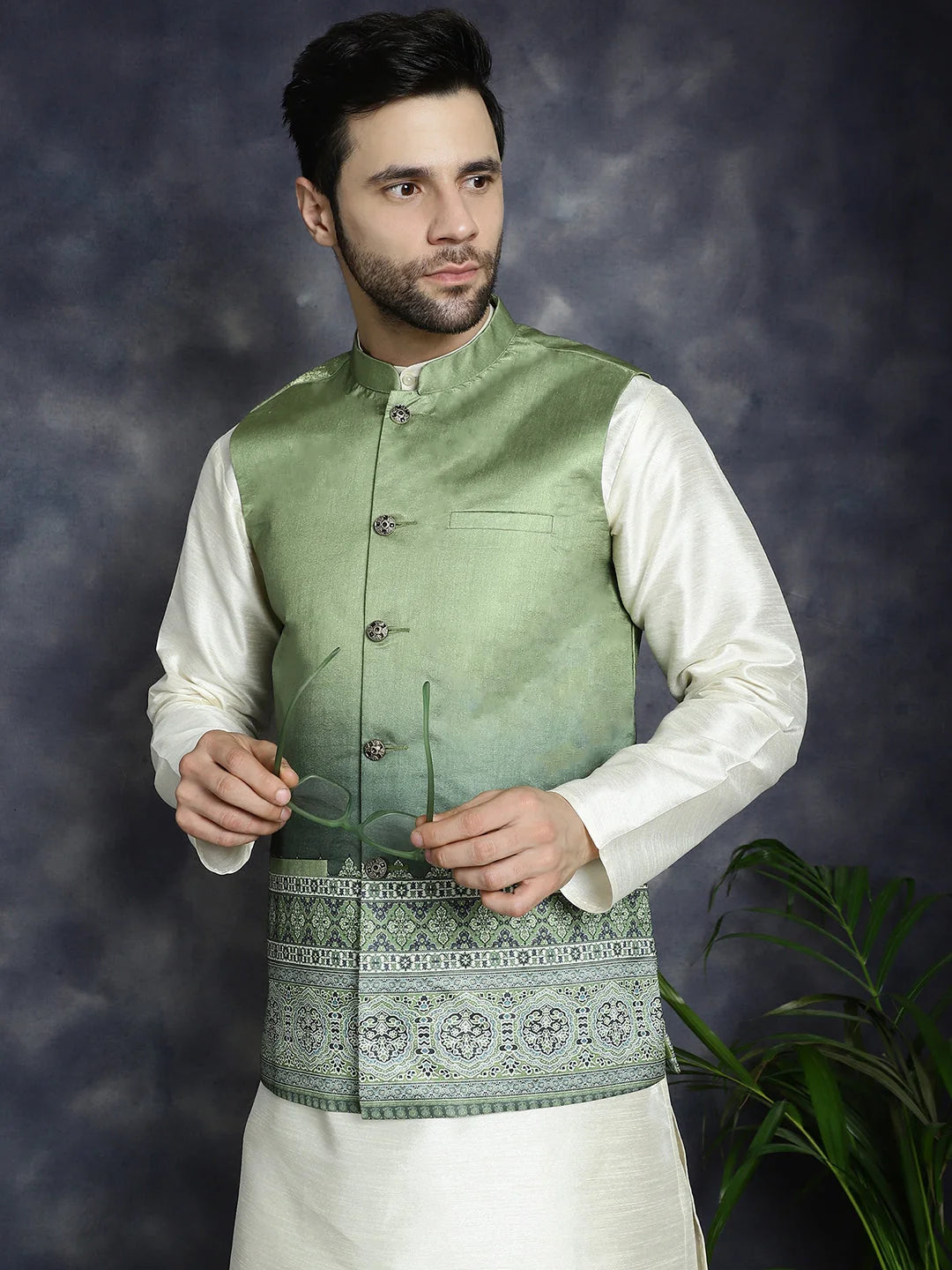 Men's Green Cotton Nehru Jacket | Stylish Nehru Collar Jacket