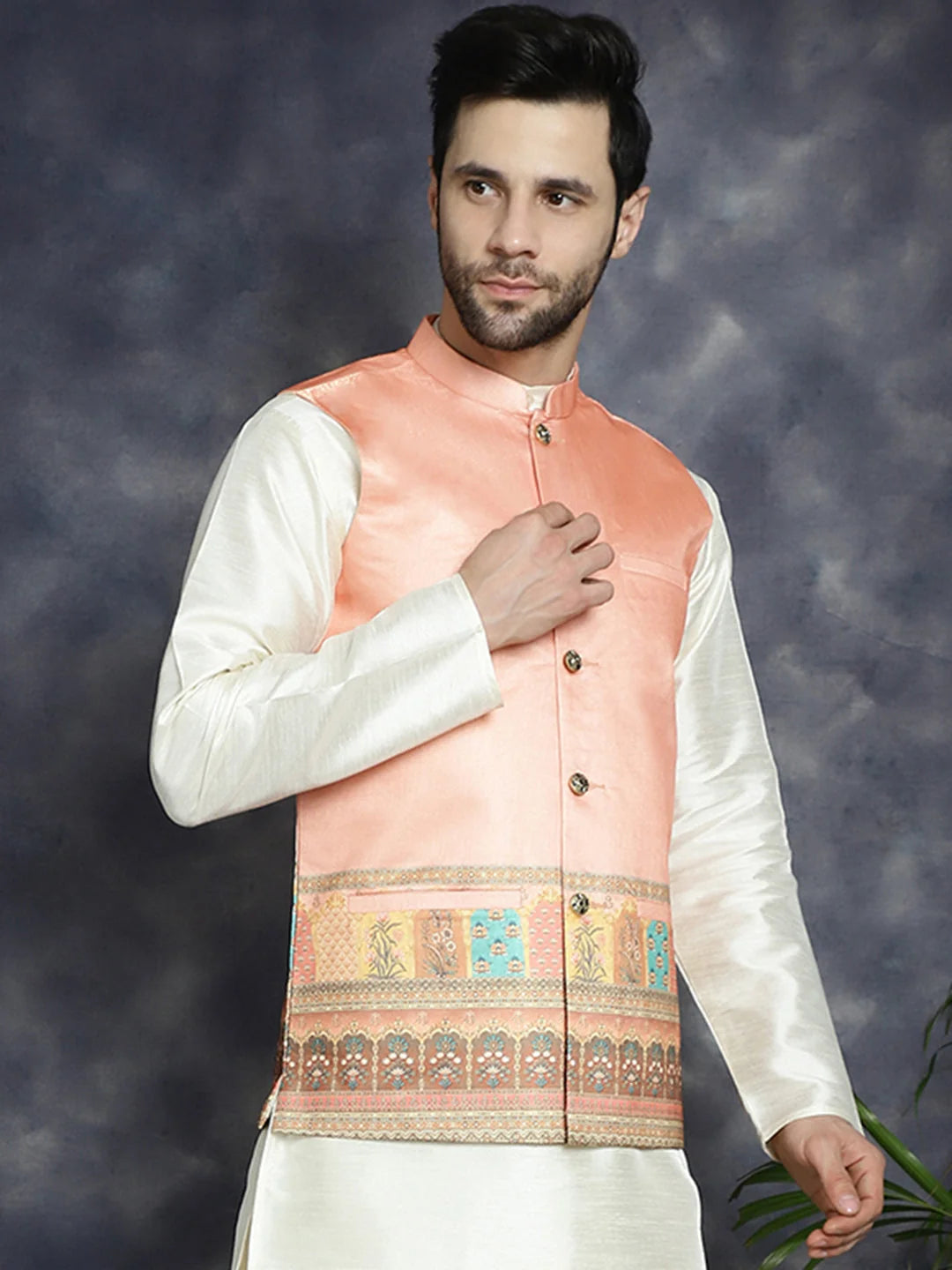 Peach Cotton Nehru Jacket for Men | Indian Nehru Jackets