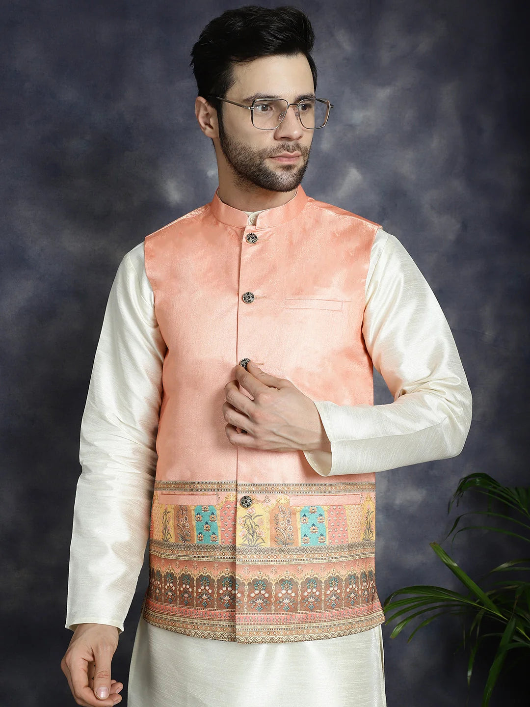 Peach Cotton Nehru Jacket for Men | Indian Nehru Jackets