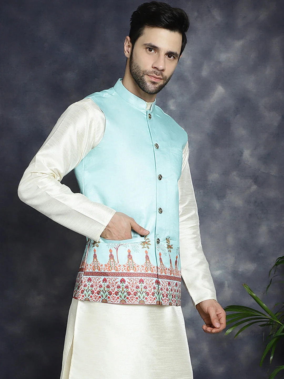 Sky Blue Men's Cotton Nehru Jacket | Modi Jacket for Weddings
