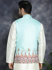 Men's Printed Nehru Jacket ( JOWC 4097Sky )