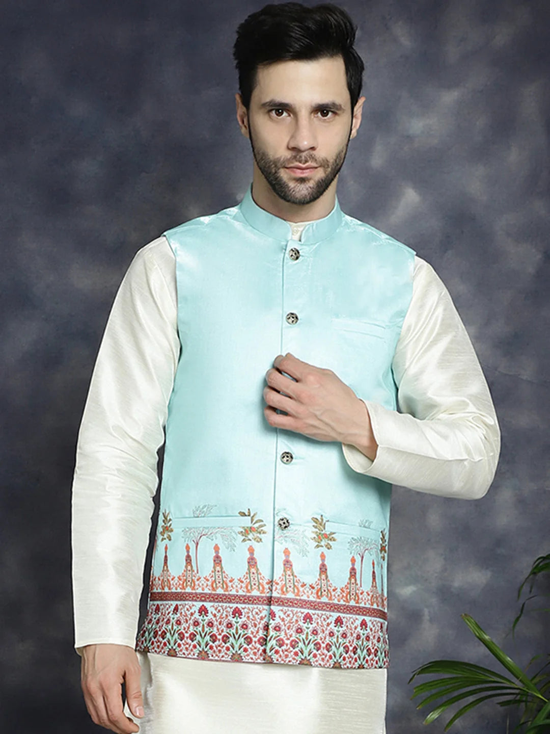 Sky Blue Men's Cotton Nehru Jacket | Modi Jacket for Weddings