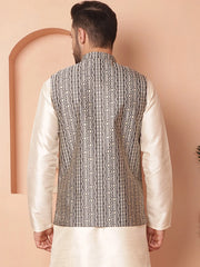 Men's Woven Design Nehru Jacket-JOWC-4098Black